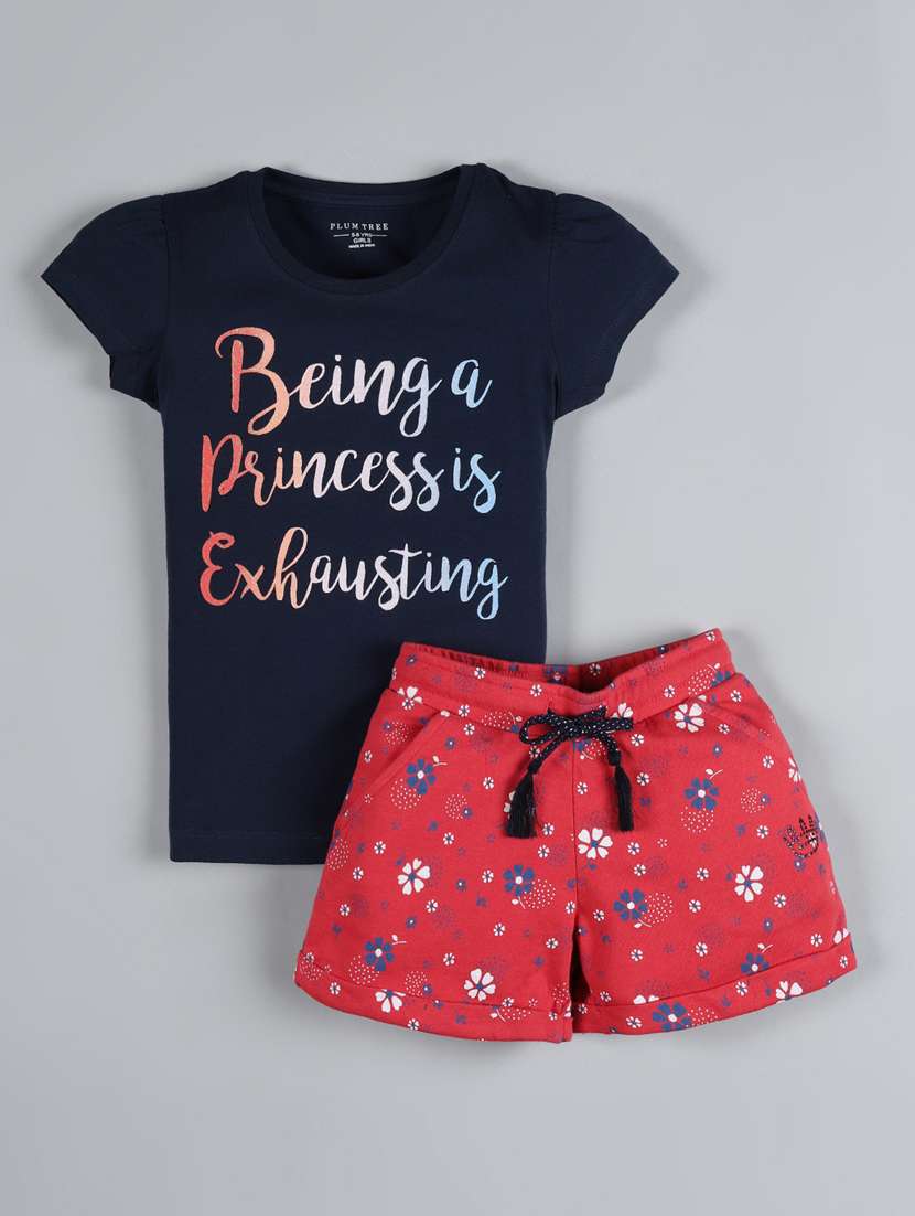 navy blue printed shorts set 