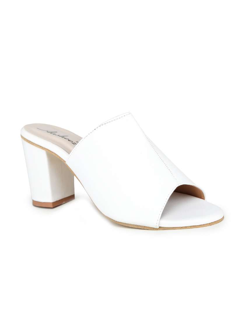 white synthetic slip on sandals