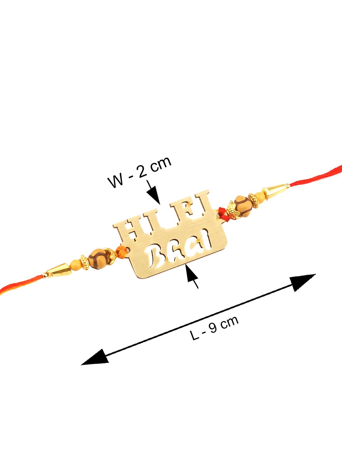 orange gold plated thread rakhi with roli chawal kankawati thali and greeting card - 17900805 - Standard Image - 2