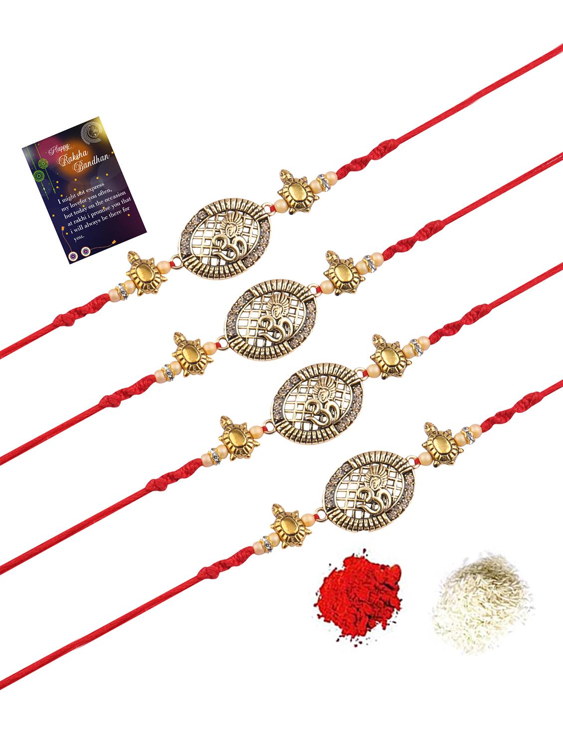 set of 4 gold plated thread rakhi with roli chawal kankawati thali and greeting card - 17900849 - Standard Image - 2