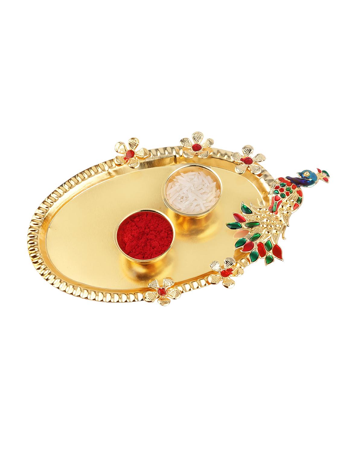 set of 3 gold plated thread rakhi with roli chawal kankawati thali and greeting card  - 17900860 -  Standard Image - 2