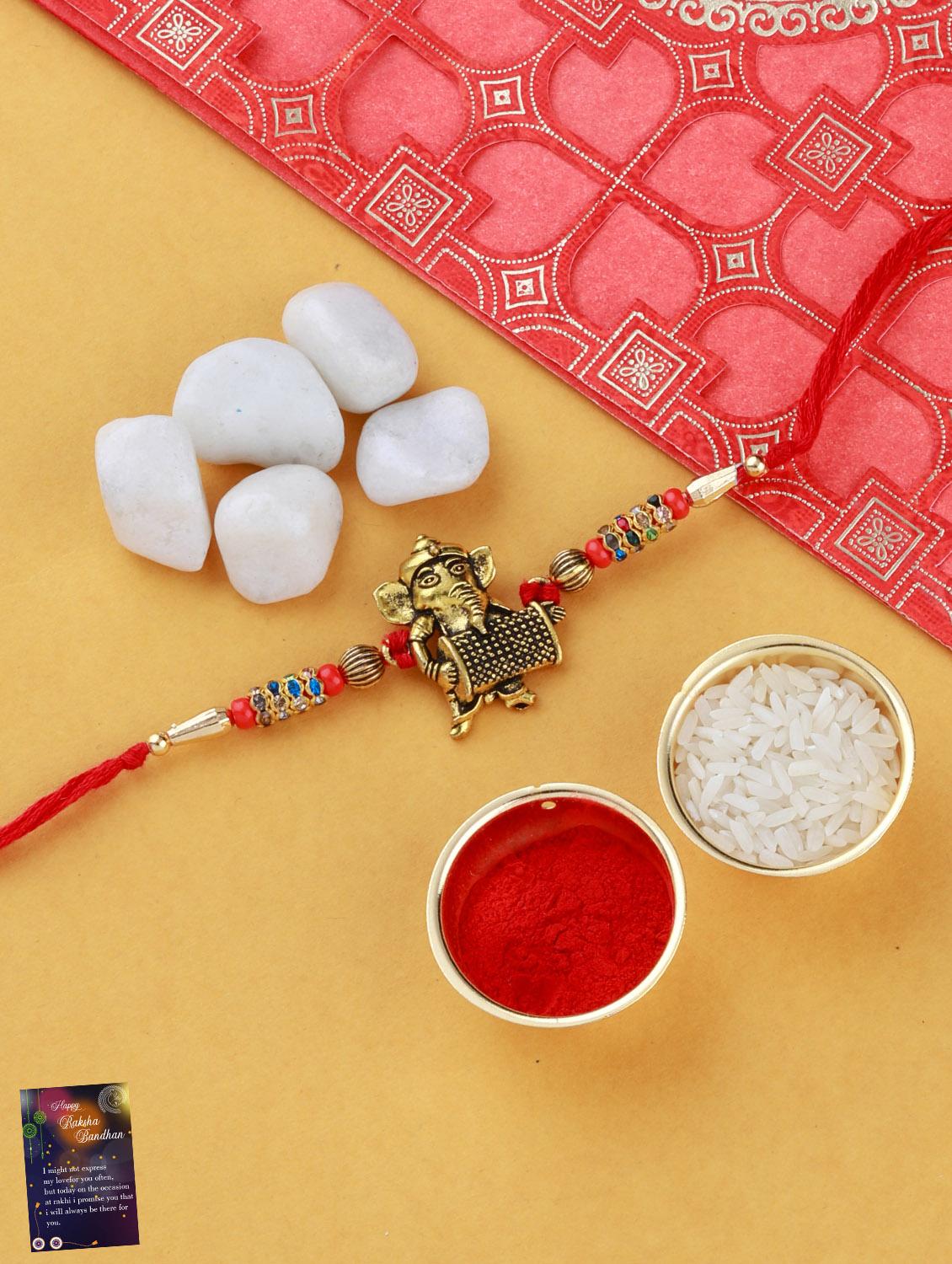 set of 5 gold plated thread rakhi with roli chawal kankawati thali and greeting card  - 17900878 -  Zoom Image - 0