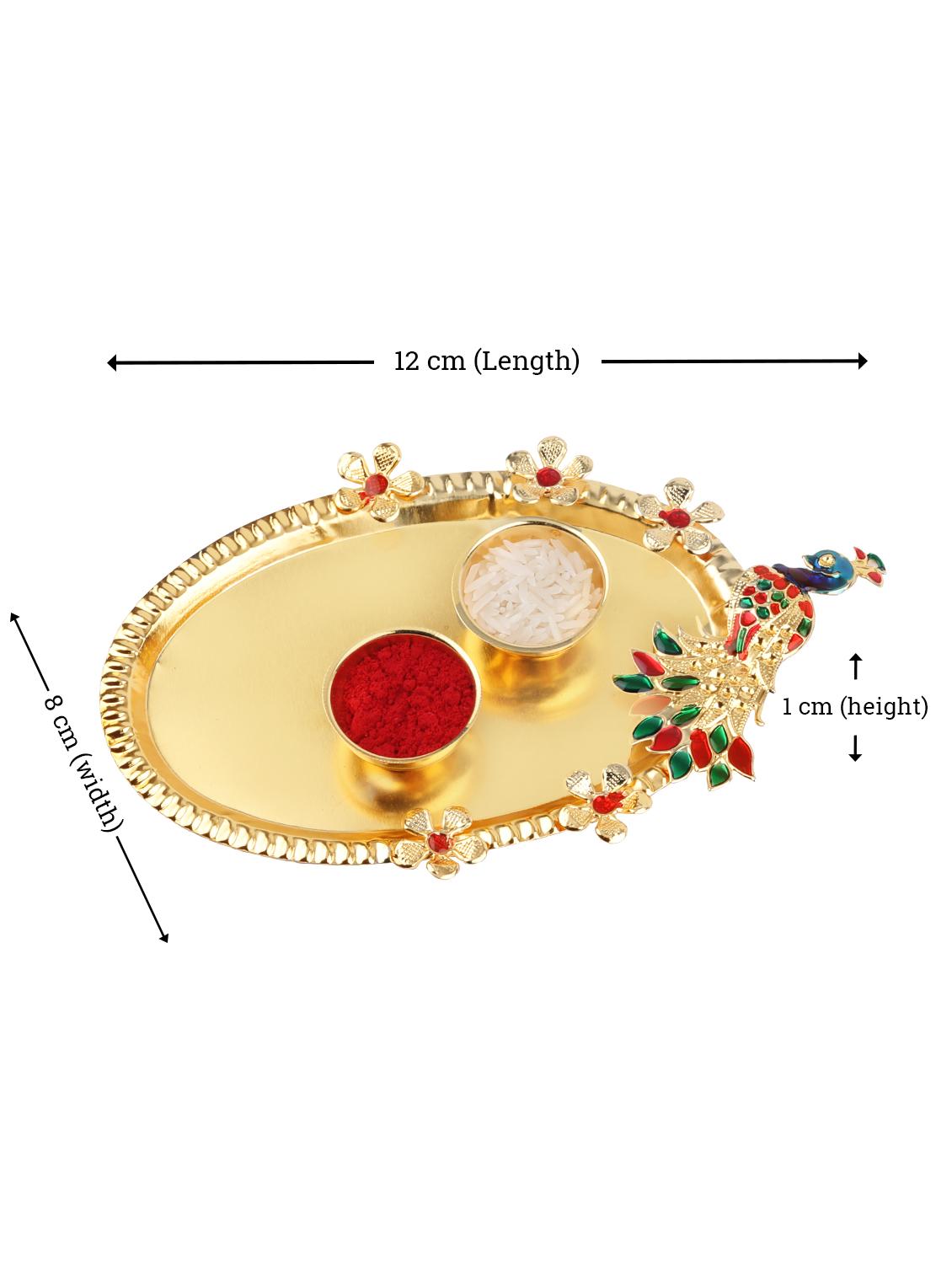 gold plated bracelet rakhi with roli chawal kankawati thali and greeting card - 17900915 - Standard Image - 2