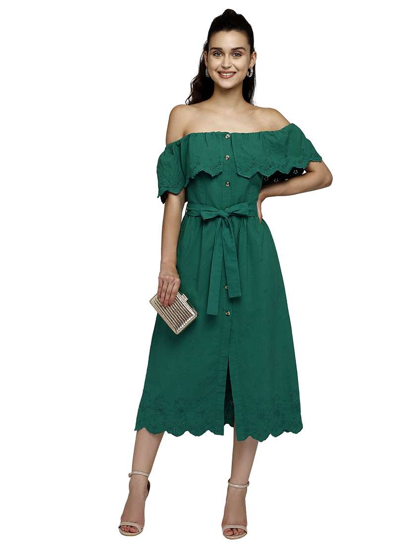 women green solid off shoulder dress - 17901083 -  Standard Image - 2