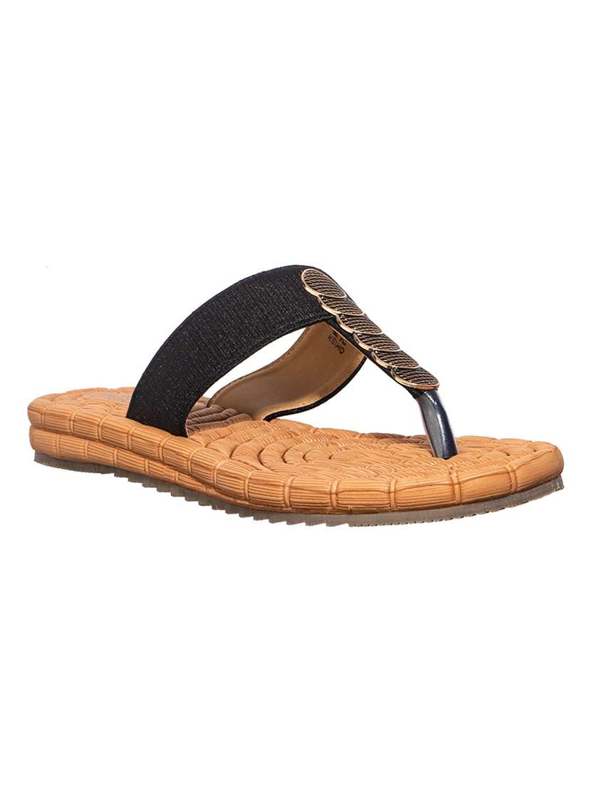 black fabric slippers flip flops