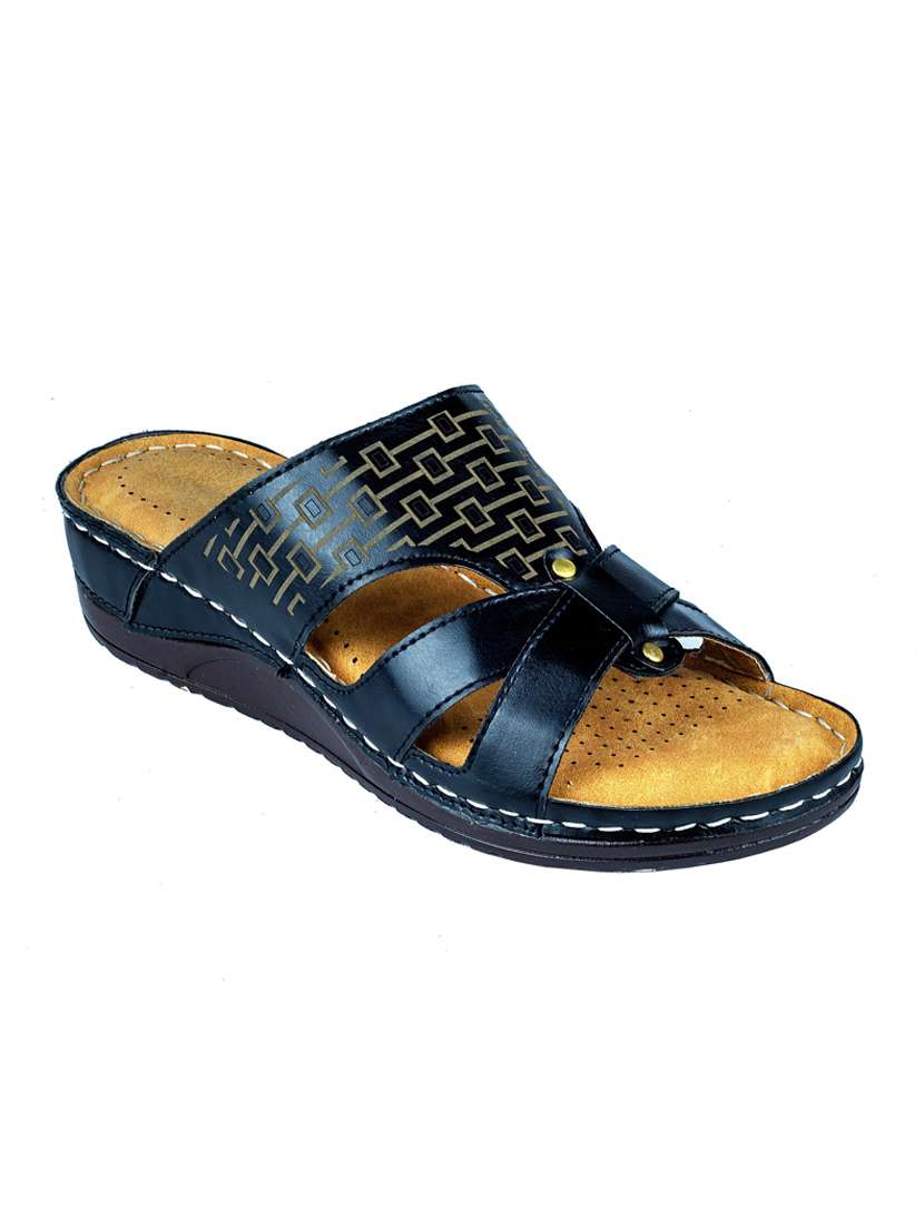 black synthetic slip on sandals