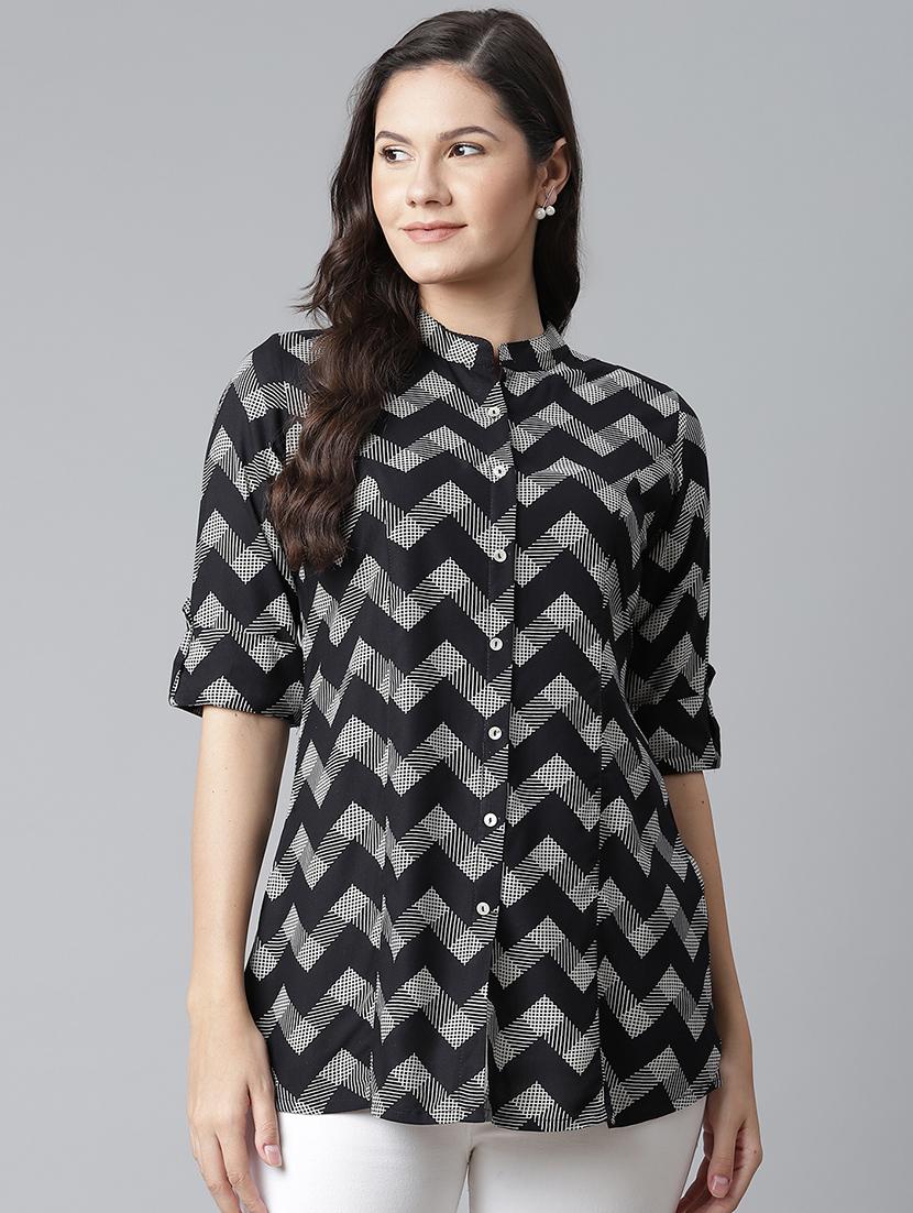 black mandarin neck printed tunic - 17906615 -  Zoom Image - 0
