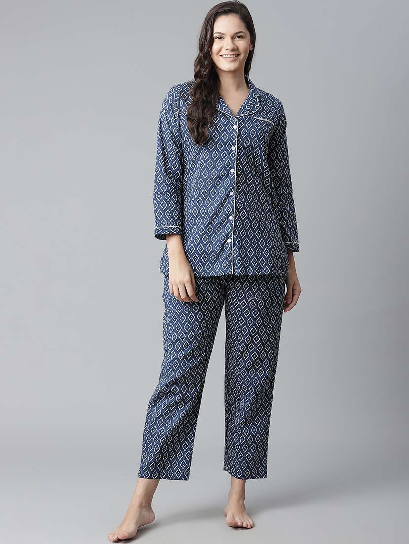 lapel neck printed nightwear pajama set