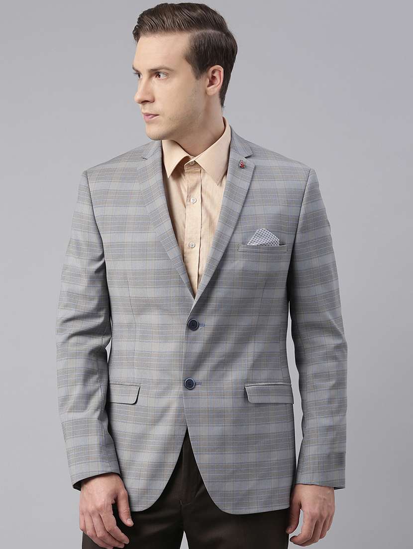 grey checkered single breasted casual blazer