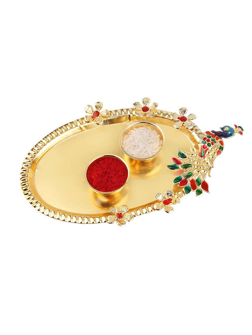 set of 2 rakhi with roli chawal kankawati thali and greeting card - 17909900 - Standard Image - 2