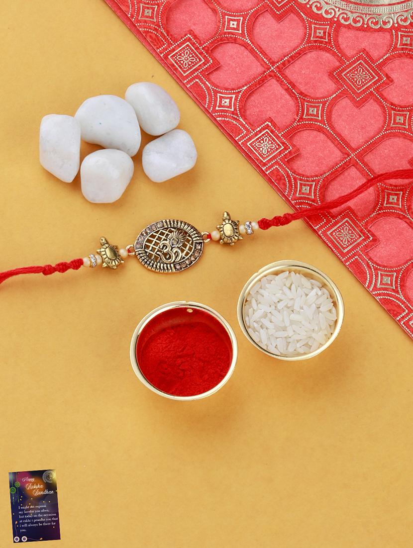 set of 2 brass plated thread rakhi with roli chawal and greeting card - 17910070 - Standard Image - 2