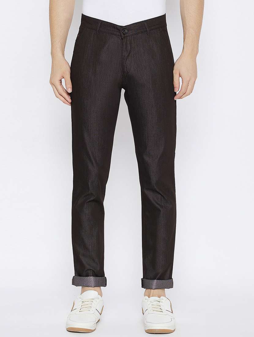 brown textured flat front casual trouser