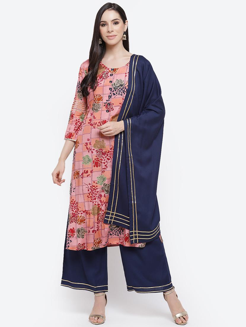 women three quarter sleeve kurta palazzo with dupatta set