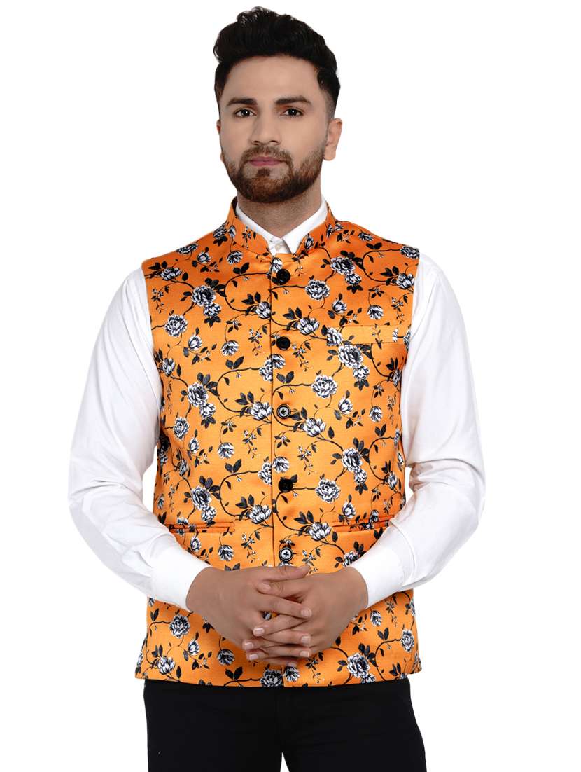 orange printed nehru jacket