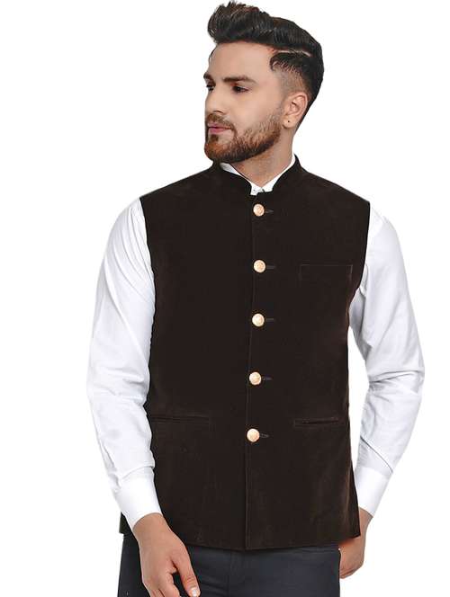 brown solid nehru jacket - 17911736 -  Standard Image - 0