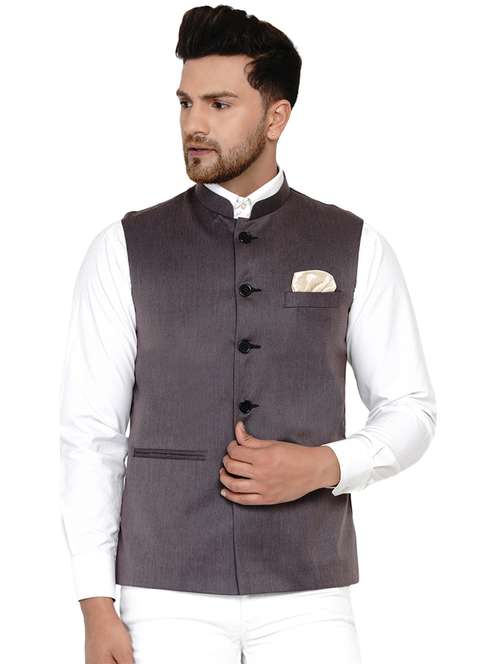 grey solid nehru jacket - 17911737 -  Standard Image - 0