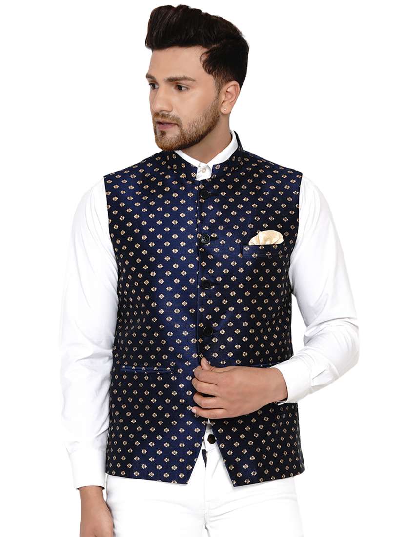 blue printed silk nehru jacket