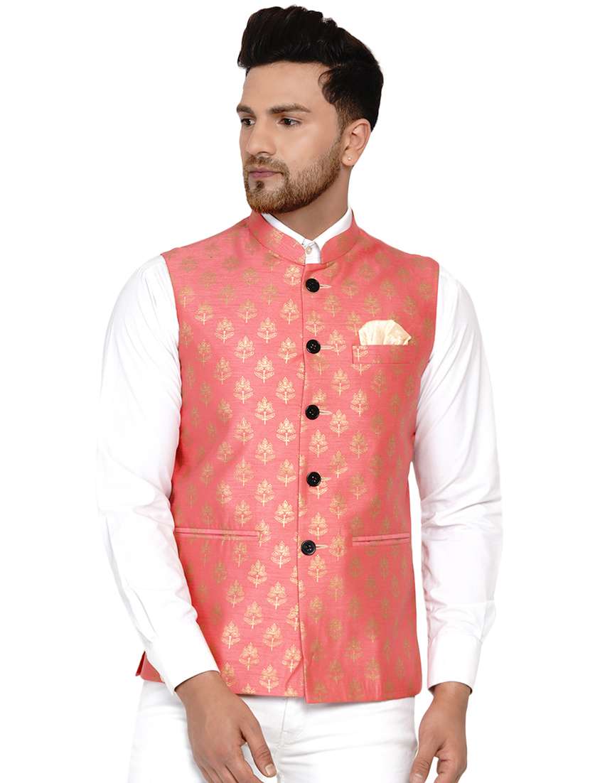 pink printed silk nehru jacket