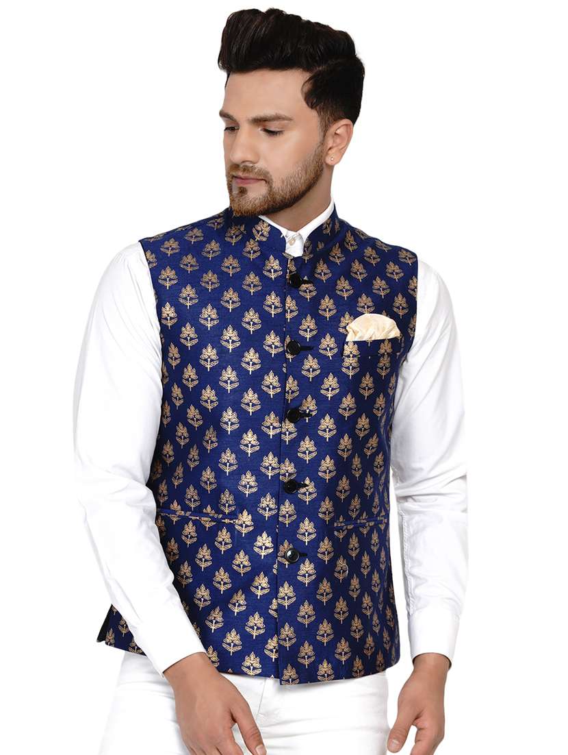 blue printed silk nehru jacket - 17911748 - Zoom Image - 0