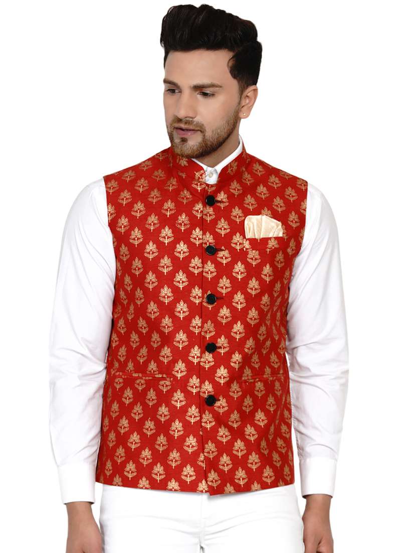 red printed silk nehru jacket