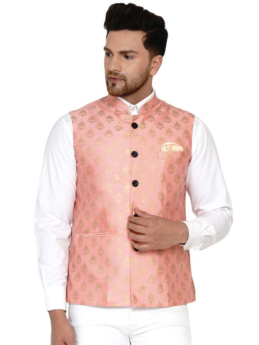 pink printed silk nehru jacket