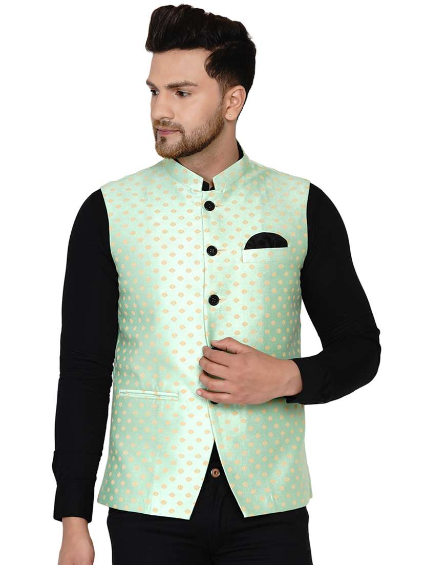green printed silk nehru jacket