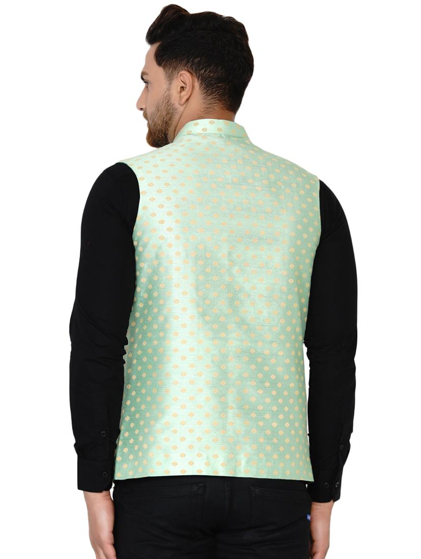 green printed silk nehru jacket - 17911754 - Standard Image - 2