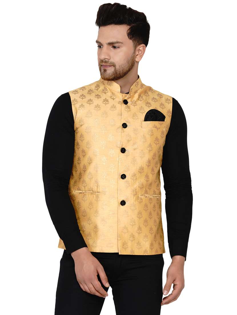 beige printed silk nehru jacket