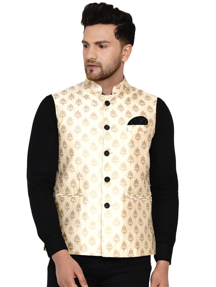 off white printed silk nehru jacket