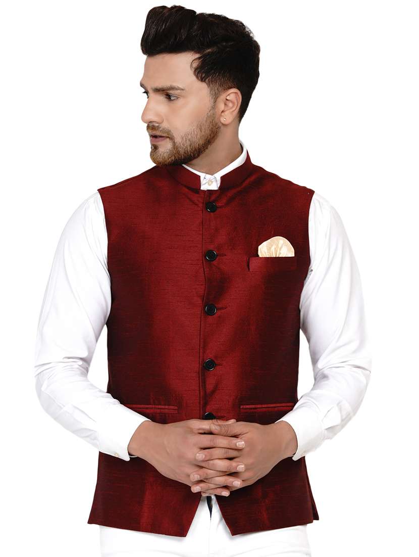 maroon solid silk nehru jacket