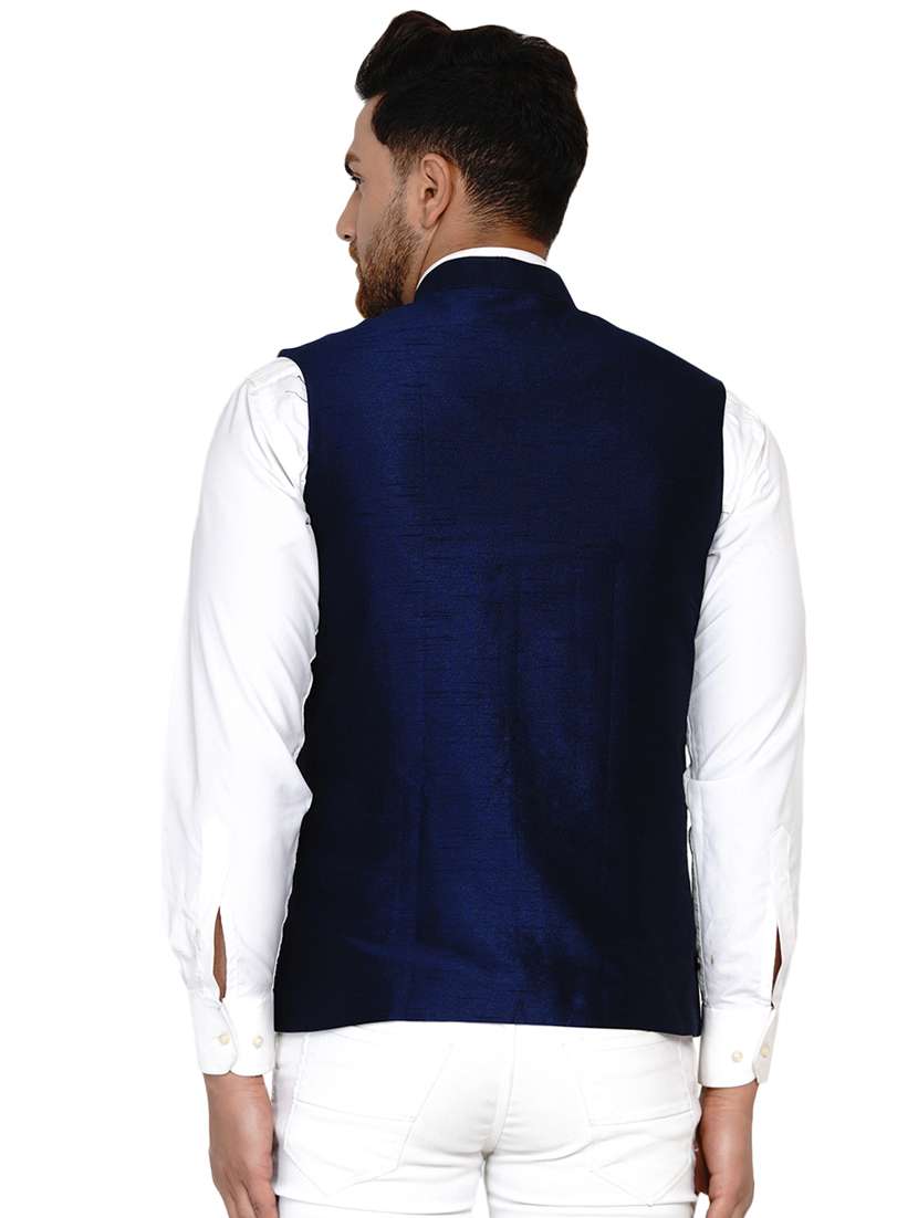 navy blue solid silk nehru jacket - 17911762 -  Standard Image - 2