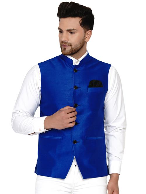 blue solid silk nehru jacket - 17911763 - Standard Image - 0