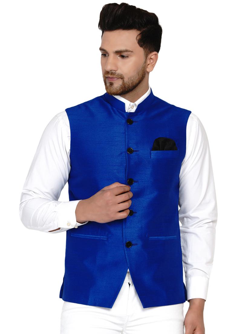 blue solid silk nehru jacket - 17911763 - Zoom Image - 0