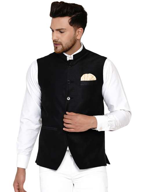 black solid silk nehru jacket - 17911765 - Standard Image - 0