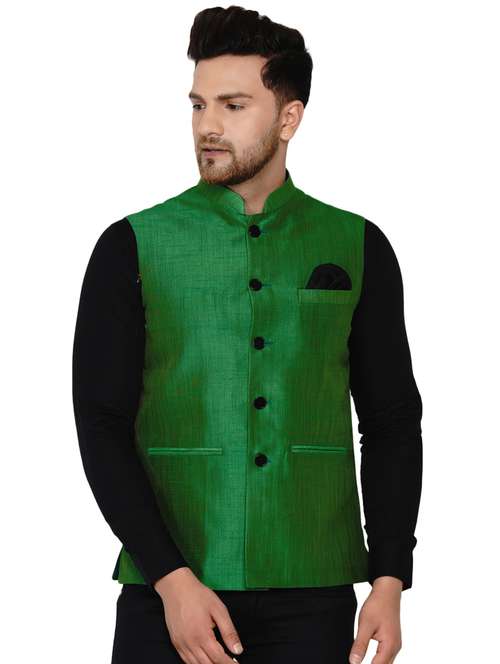 green solid silk nehru jacket - 17911766 -  Standard Image - 0