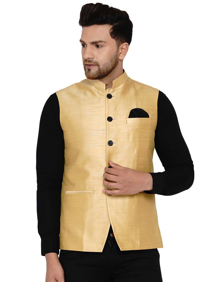 gold solid silk nehru jacket