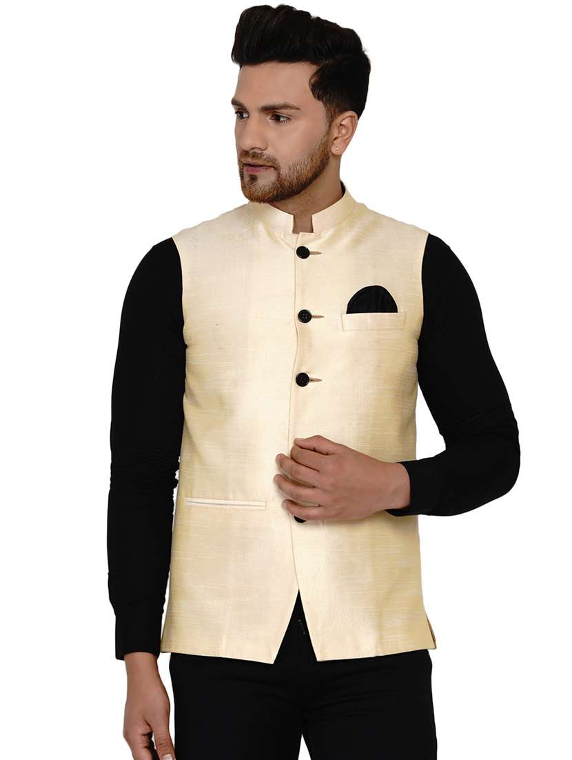 beige solid silk nehru jacket - 17911771 -  Zoom Image - 0
