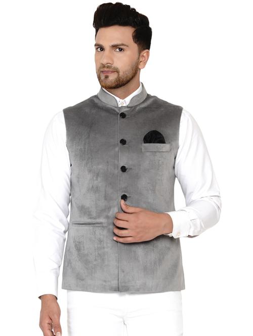 grey solid nehru jacket - 17911775 -  Standard Image - 0