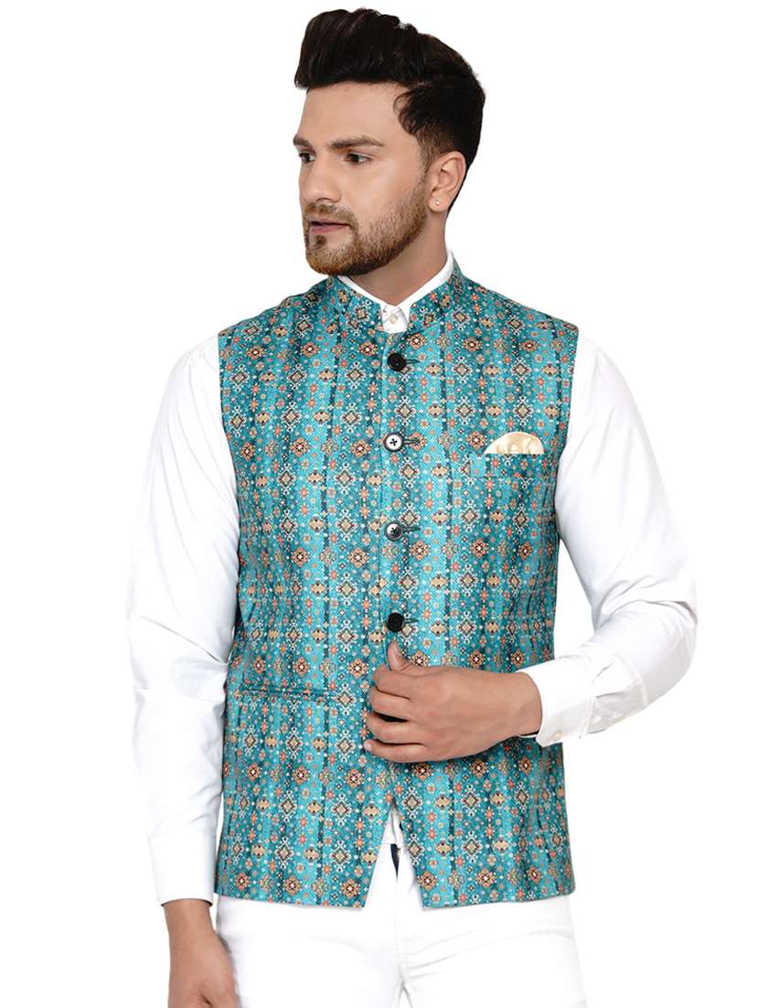 green printed nehru jacket