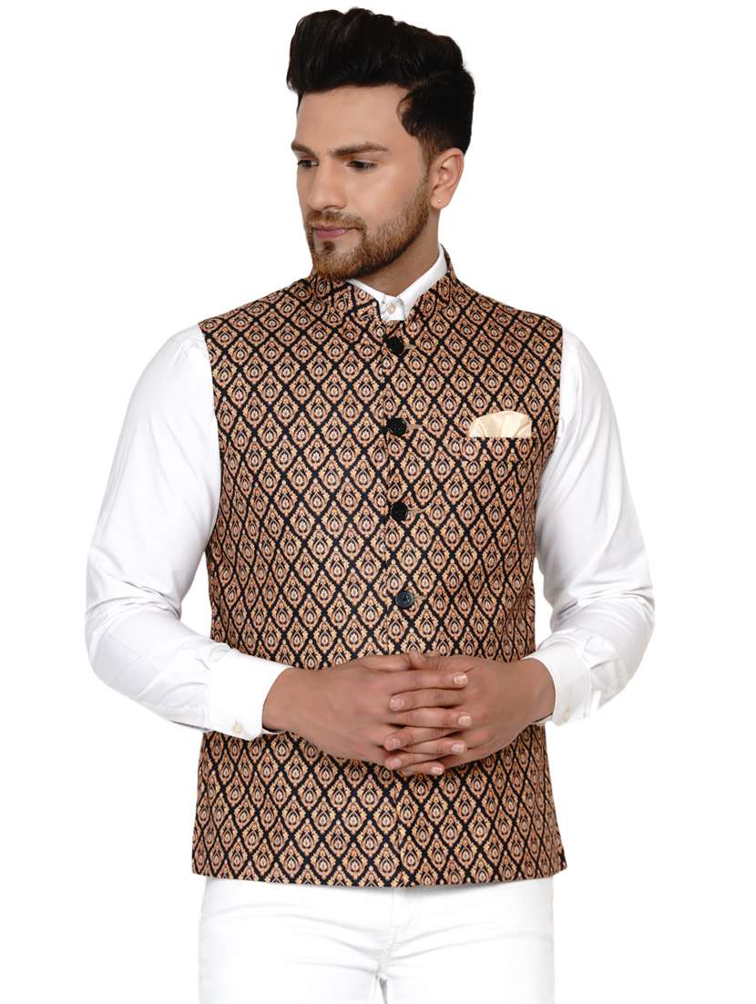 brown printed nehru jacket
