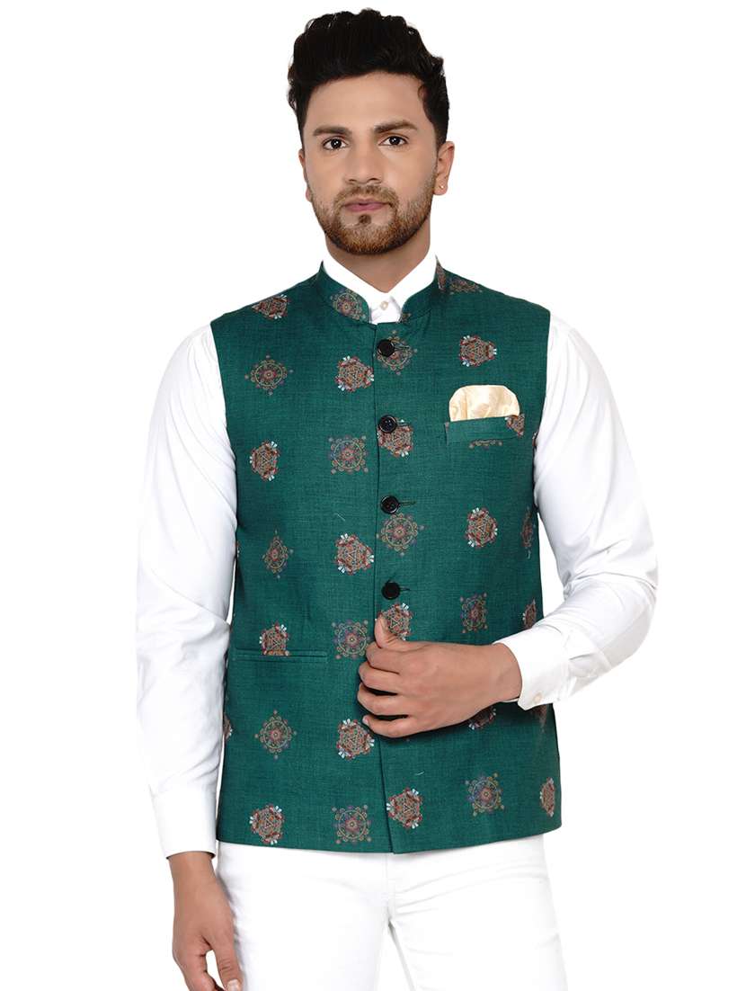 green printed nehru jacket