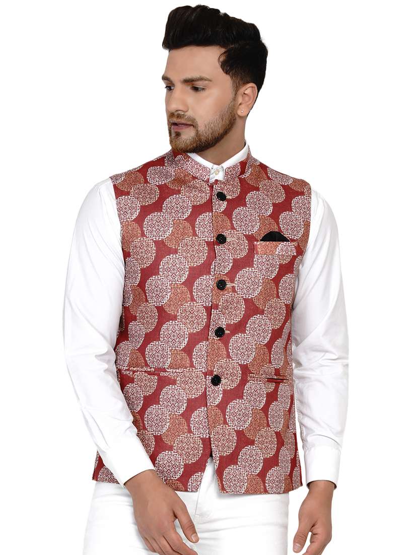 red printed nehru jacket