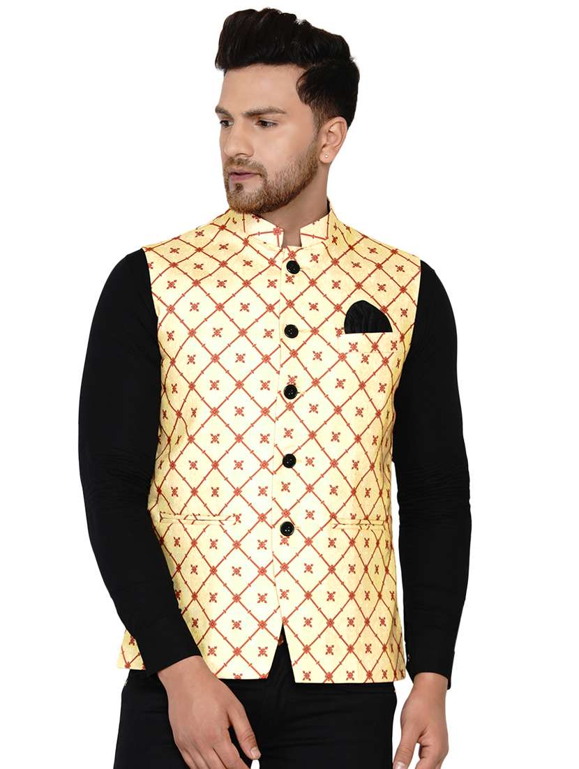 yellow self-designed nehru jacket