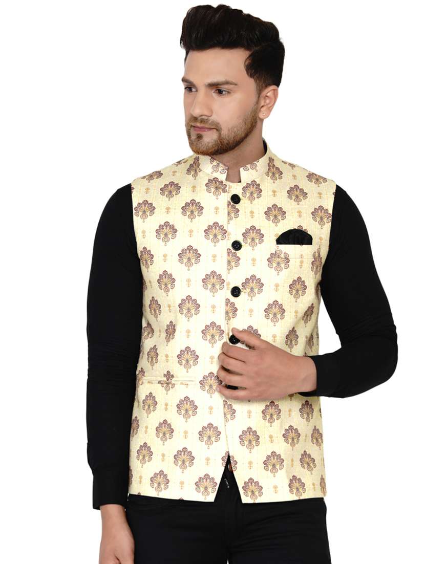 beige printed nehru jacket