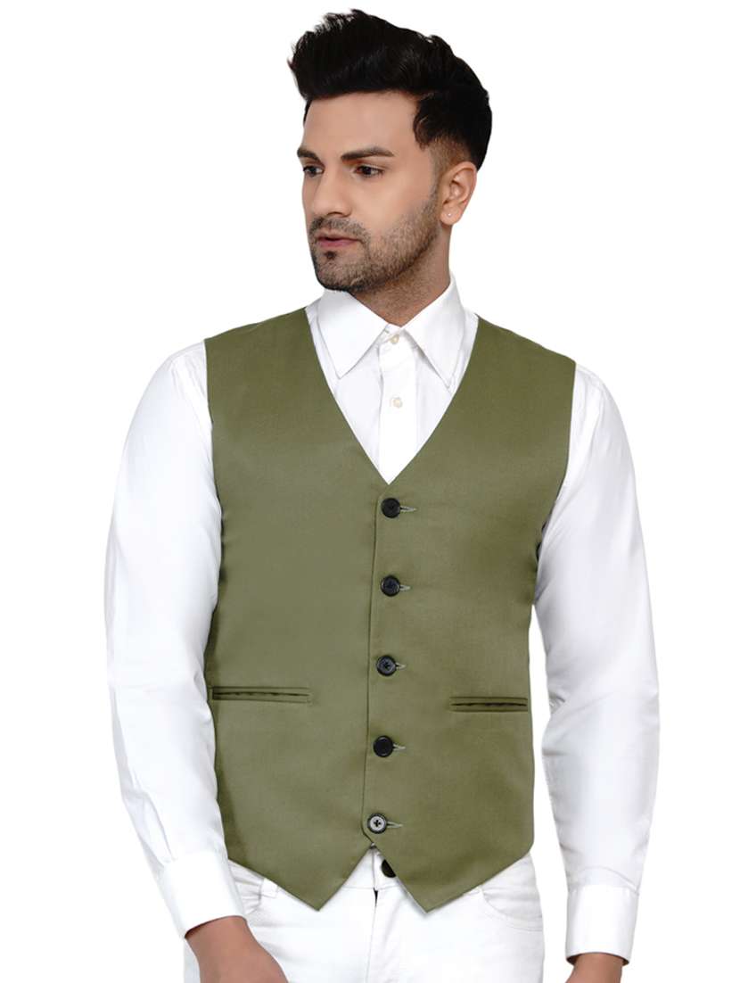 olive green solid classic waist coat
