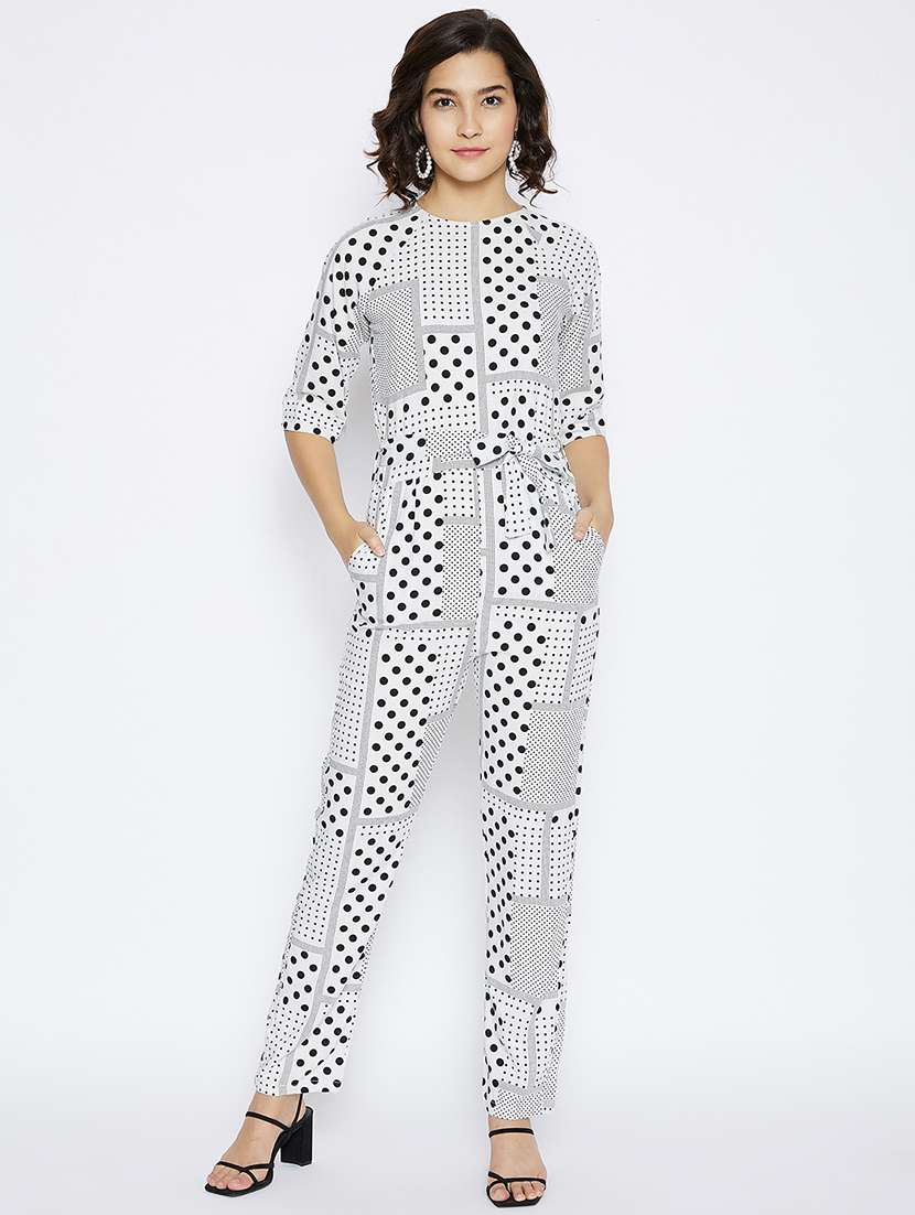 tie front polka dot full leg jumpsuit