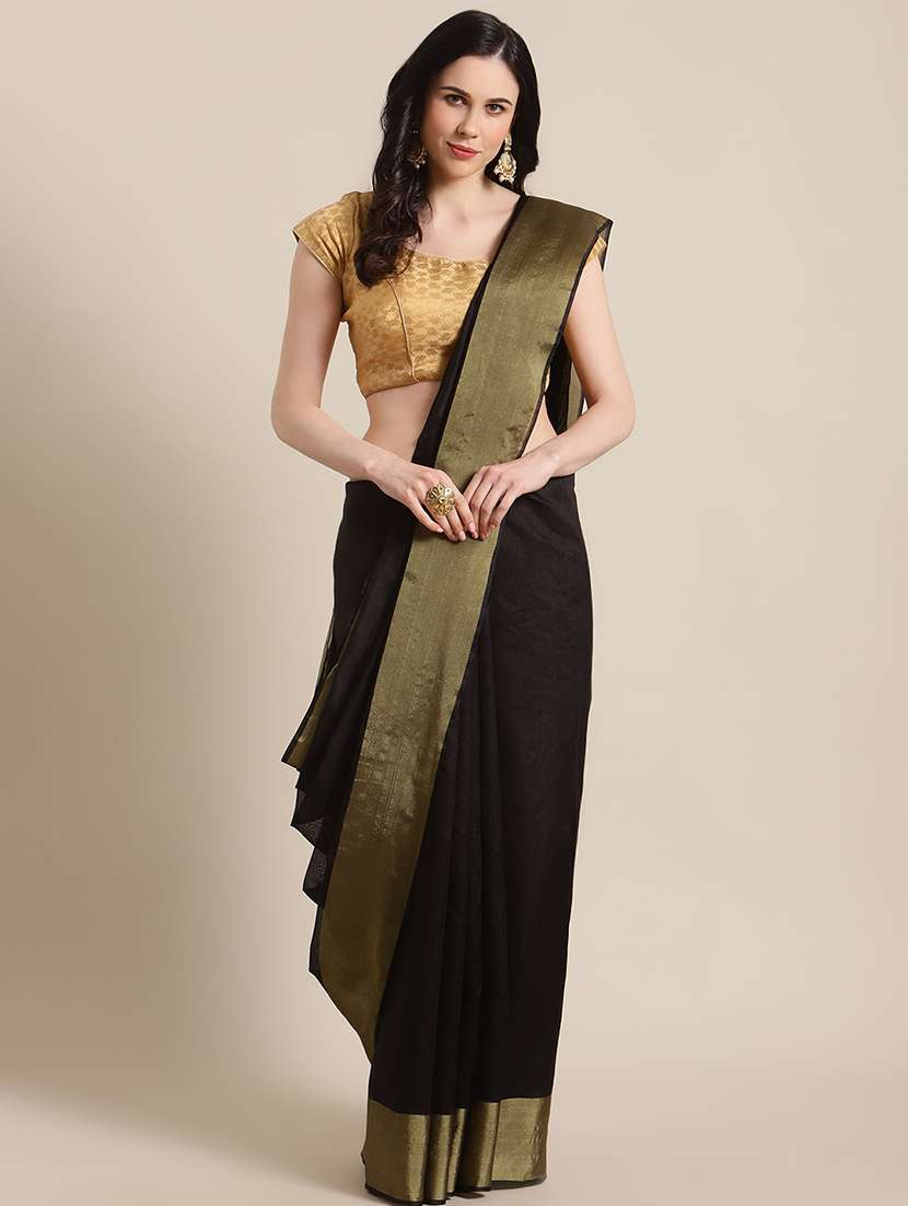 women's bordered black colored saree with blouse