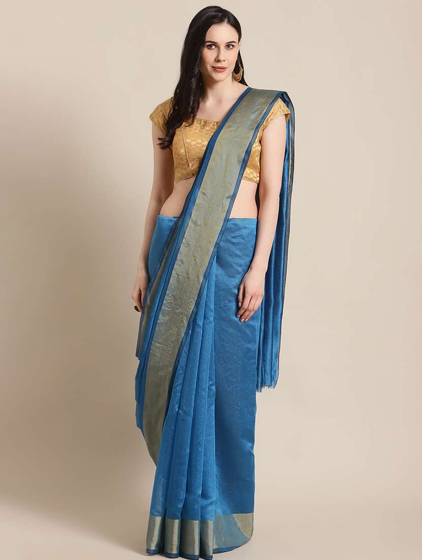 women's bordered turquoise colored saree with blouse