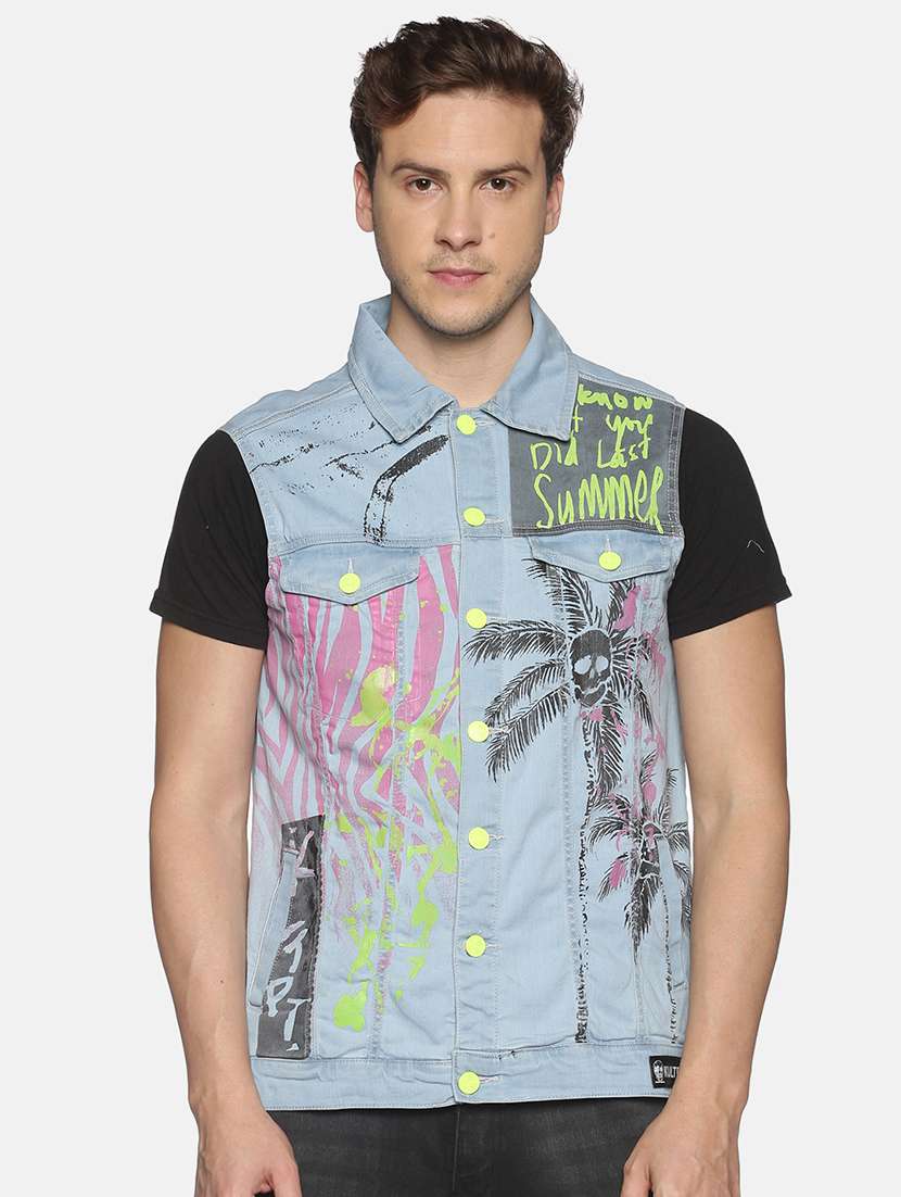light blue printed denim jacket