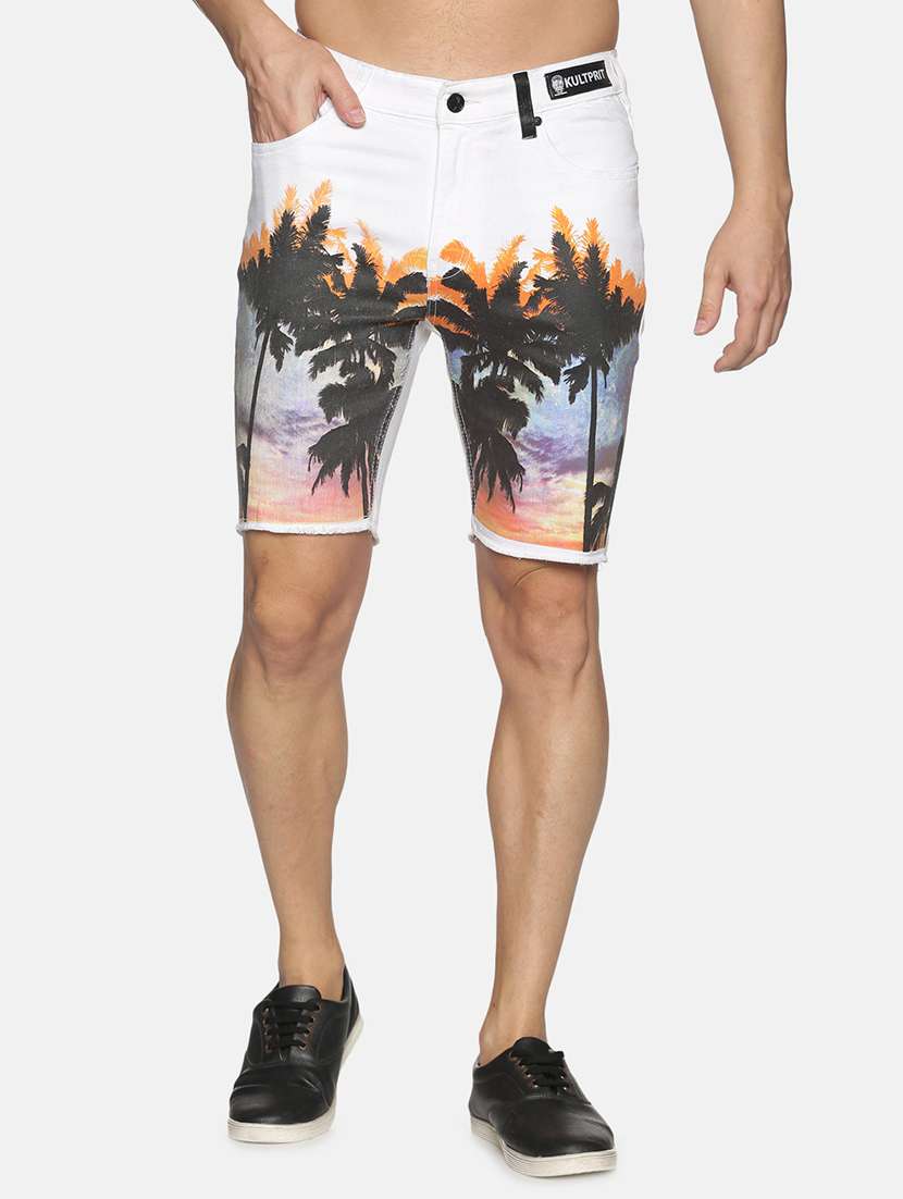 white printed denim shorts